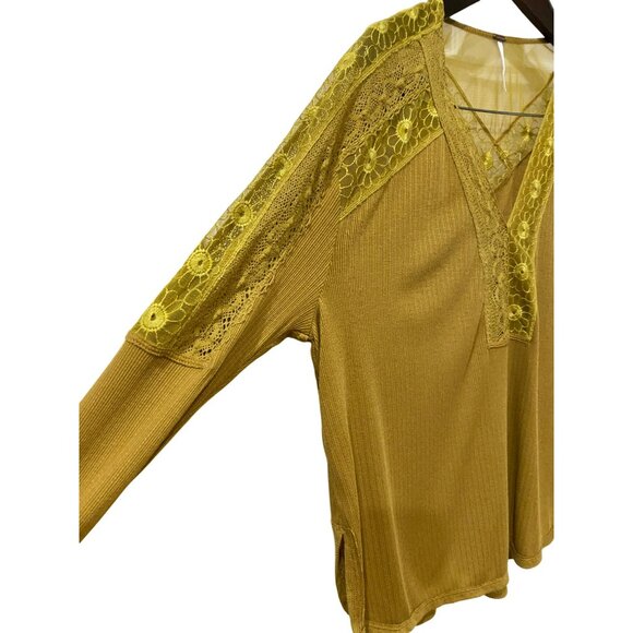 Free People Lola Lace Trim V-Neck Long Sleeve Oversized Tee S Mustard Yellow - Picture 8 of 9